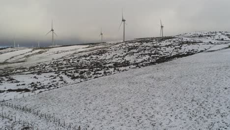 Campo-De-Montaña-De-Invierno-Turbinas-De-Viento-En-Tierras-Altas-Rurales-Vista-Panorámica-Derecha-Aérea-A-Través-De-La-Ladera-Del-Valle-Nevado-Frío