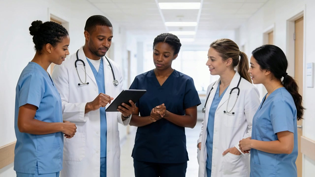 Doctor in scrubs holding tablet, scrolling as team leaning and discussing care in hospital hallway