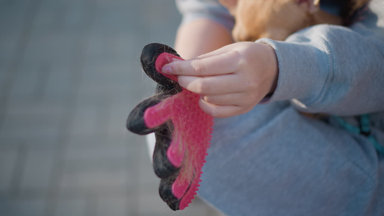 남자가 밖에서 작은 강아지를 손질하고 있고, 미용사가 낮 동안 도시 보도에서 작은 강아지를 부드럽게 돌보고 있습니다. 한 사람이 붐비는 도시 포장 도로에서 분홍색 장갑을 끼고 작은 개를 주의 깊게 손질하고 있어요.