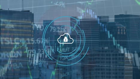 animación del icono de candado de seguridad, procesamiento de datos financieros y del mercado de valores contra edificios altos