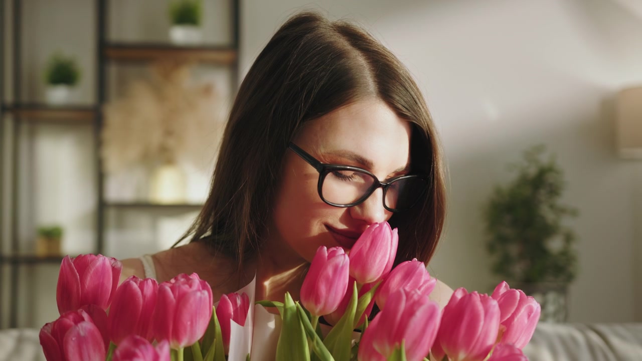 Giovane donna con gli occhiali si gode il profumo di vivaci tulipani rosa al chiuso, la luce naturale soffusa illumina.