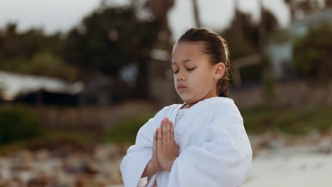 karate, meditation and girl breathing on the beach