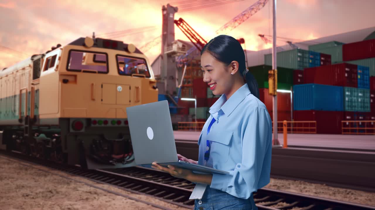 Side View Of Asian Female With Her Laptop With Freight Cargo Train At Port, Typing On Her Laptop'S Keybaord With Meditation