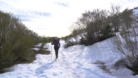 mujer caminando en la nieve en un día soleado