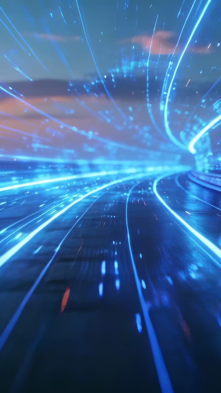 Video verticale: Portale che disegna un tunnel di transito curvo al neon, con la telecamera che avanza lasciando scie blu.