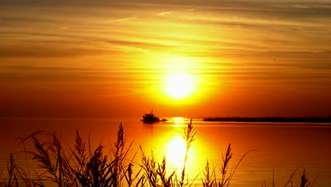 medium wide shot of golden sunset with a boat crossing the frame