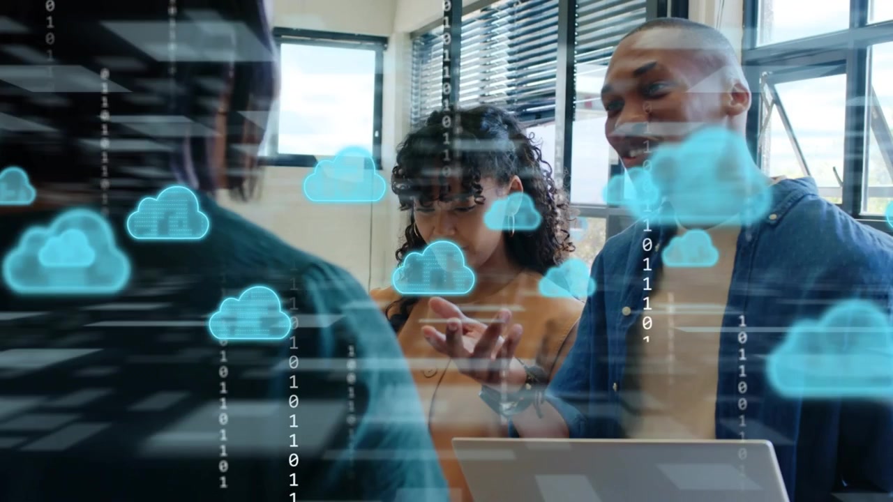 Product team tapping phone, reviewing laptop data, sparking cloud icons, binary HUD peaking, fading