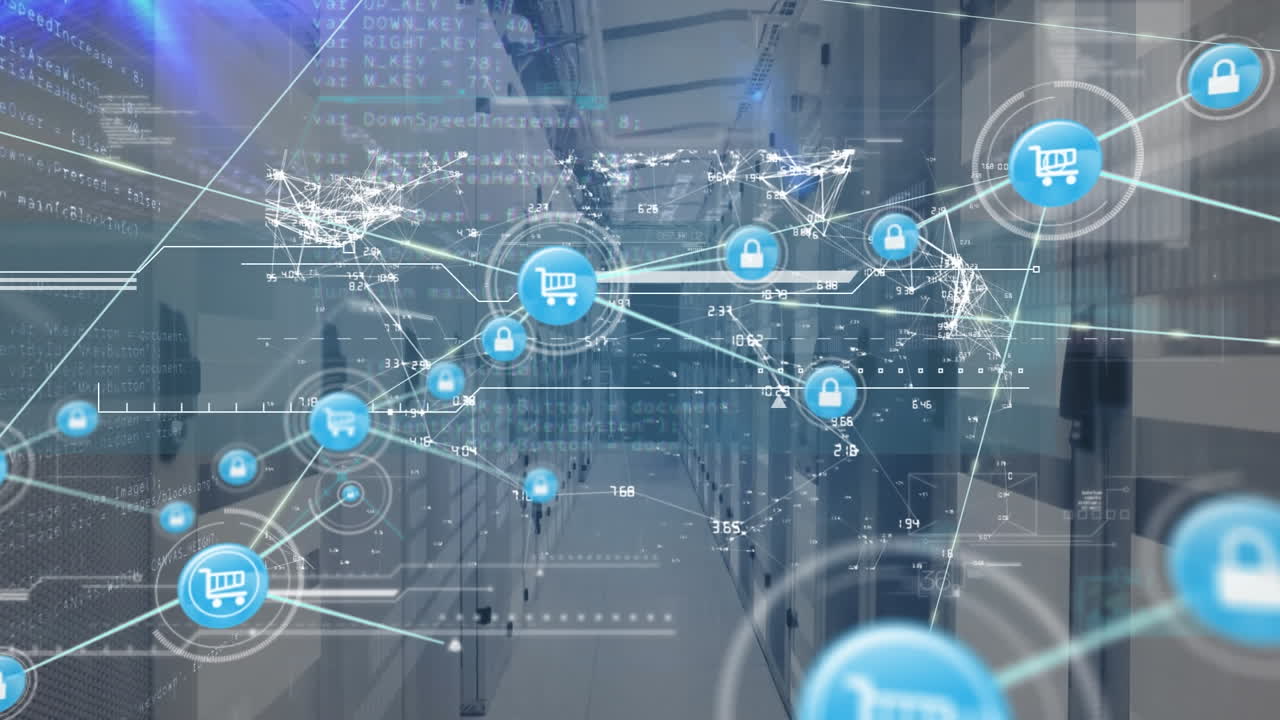 Animation of network of connections with icons, data processing over computer servers