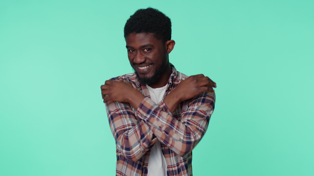 African american man spread hands and give hug embrace to you, pleasant expression love feelings