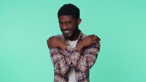 african american man spread hands and give hug embrace to you, pleasant expression love feelings