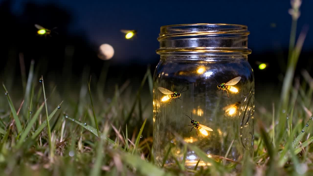 Barattolo di vetro trasparente che cattura e raccoglie lucciole luminose mentre il crepuscolo si posa sull'erba con la rugiada
