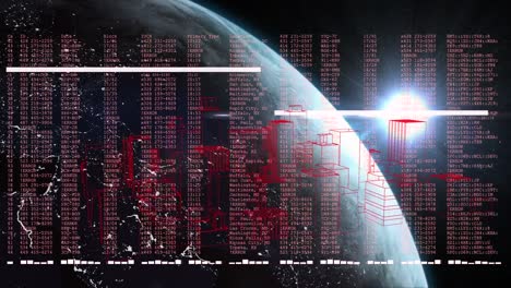 animation of data processing over spinning 3d city model and blue light spot against globe