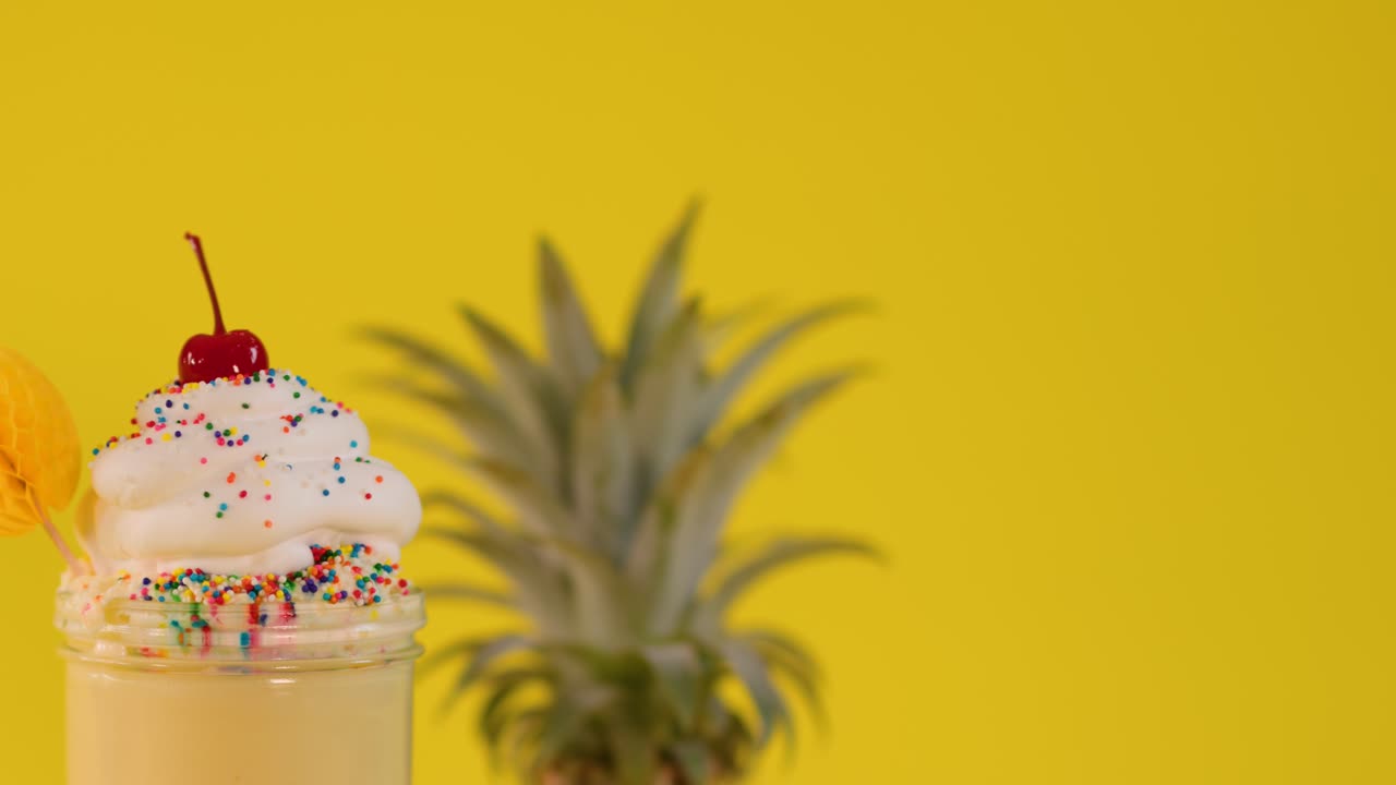 Bright hand places curly straw in creamy pineapple milkshake, whipped cream, sprinkles, yellow background