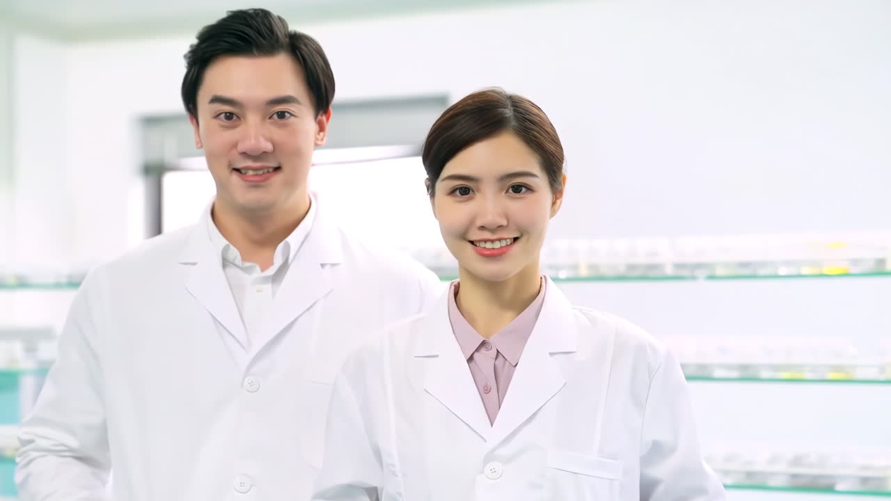 Two Pharmacists or Healthcare Professionals in Lab Coats Smiling