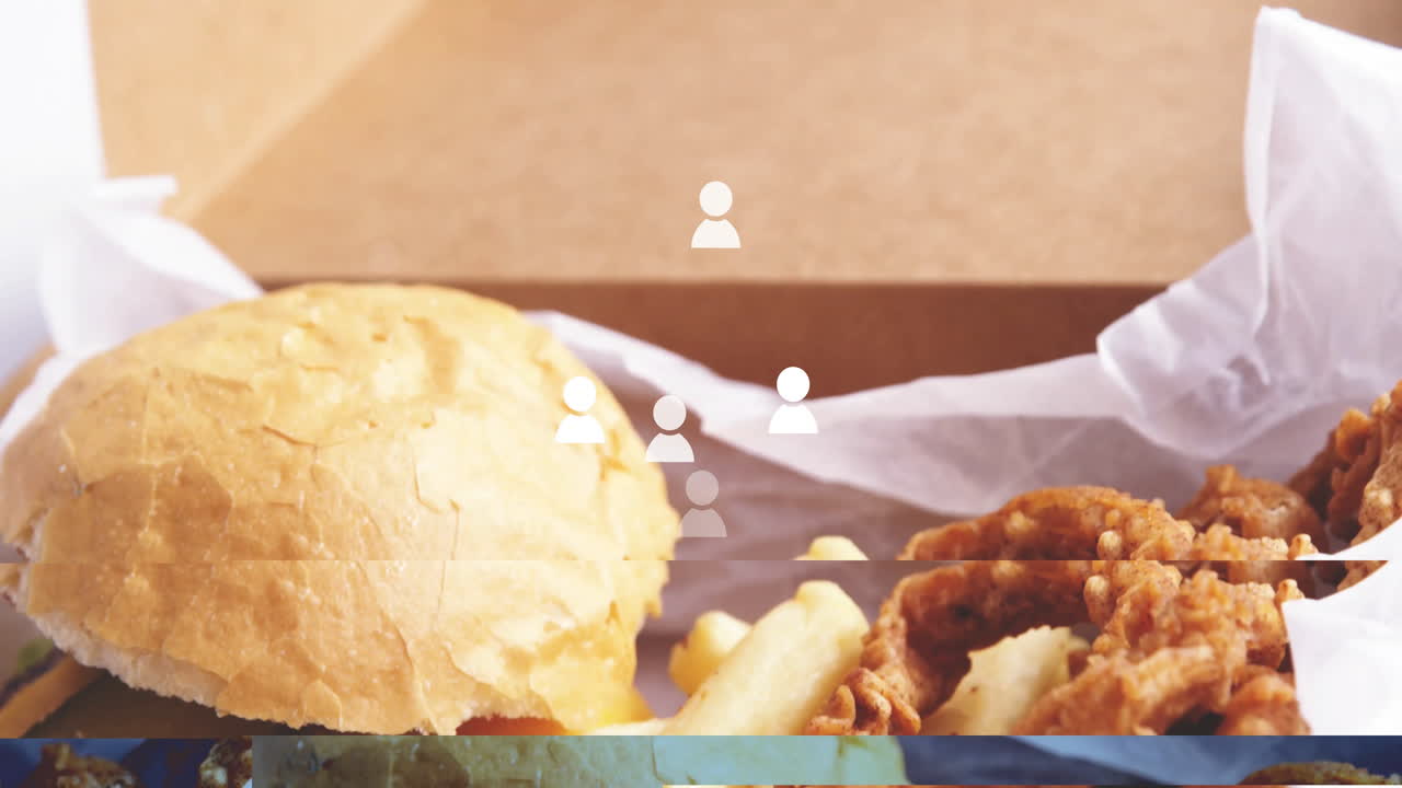 Animation of people icons above burger, fries, and onion rings in box