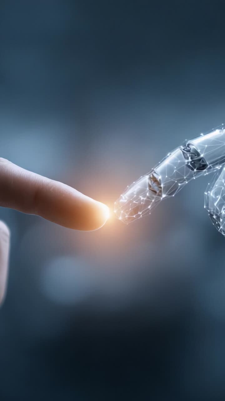 A Captivating Moment of Connection: The Intersection of Human and Machine as a Human Finger Reaches Out to Touch a Glowing Robotic Finger in a Futuristic Setting
