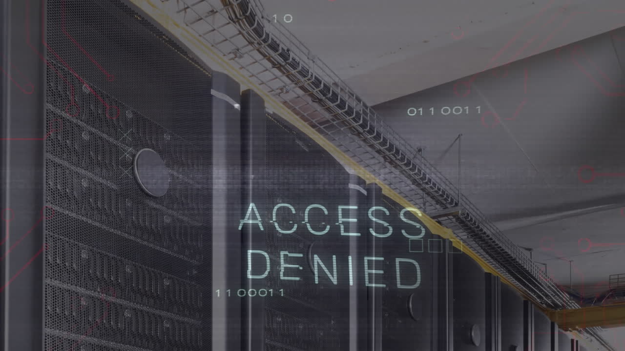 Animation of access denied text with icons over server room