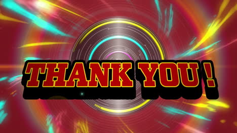 animation of thank you text banner over light trails and round scanner against red background