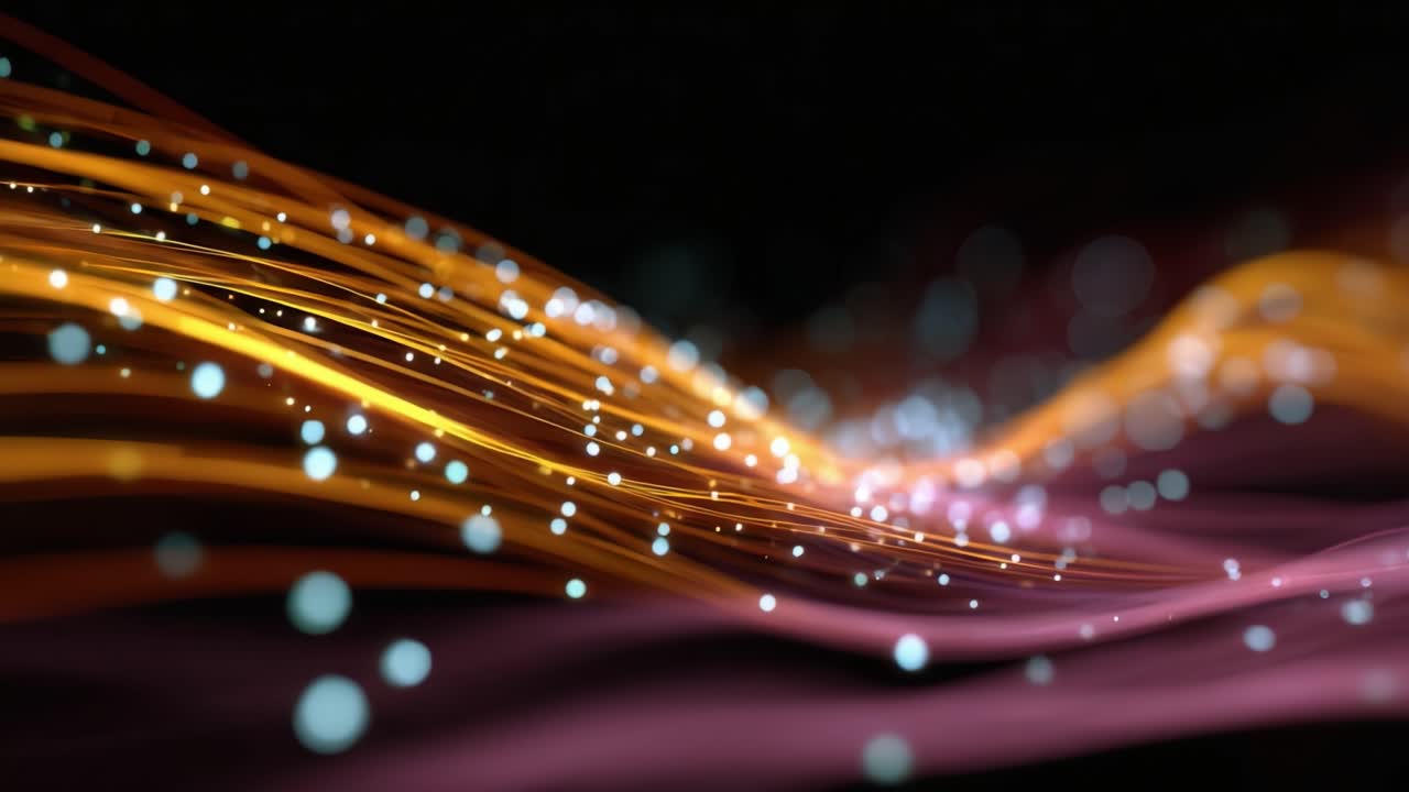 Dynamic Abstract Waves of Light with Bright Particles Creating a Beautiful Flowing Visual in a Dark Background, Showcasing Movement and Color Contrast