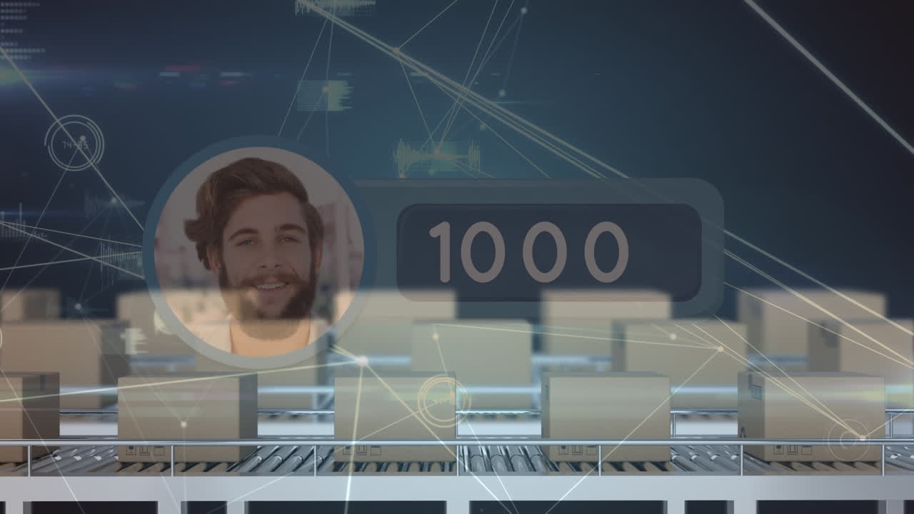 컨베이어 벨트에 있는 상자 위의 데이터 처리의 애니메이션