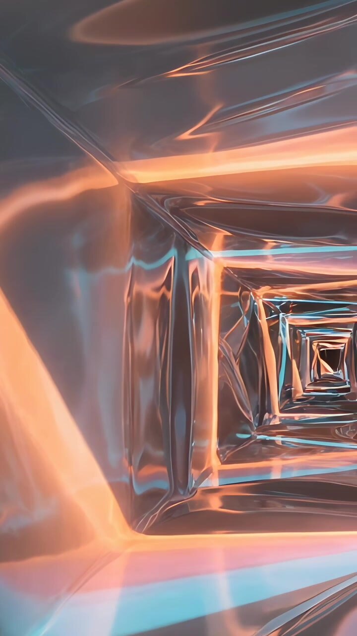 Vertikal video: Glidende kamera bevæger sig gennem en skinnende firkantet tunnel i et studie, der viser dybde