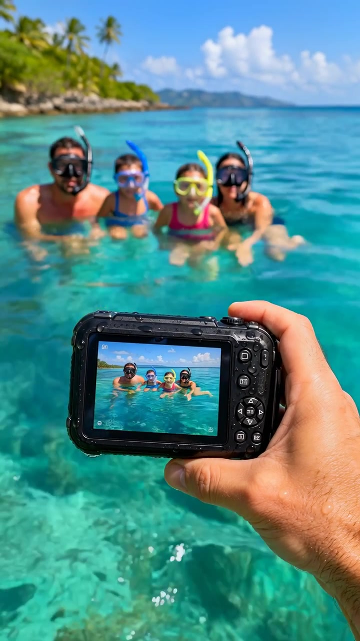 Hand holds waterproof camera framing several swimmers floating in calm blue water, with rocky green coastline, sunny sky, and transparent sea creating bright travel and adventure atmosphere.