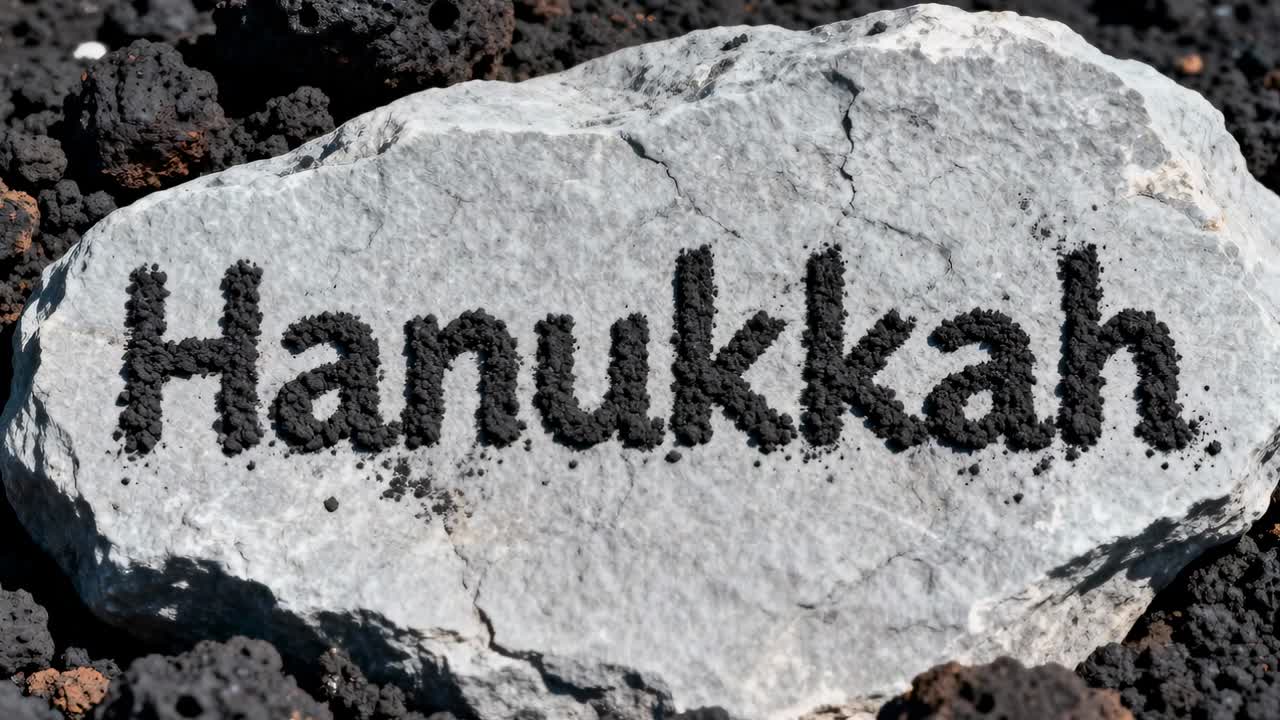Shifting camera capturing centered pale rock lying among dark volcanic stones, spelling Hanukkah