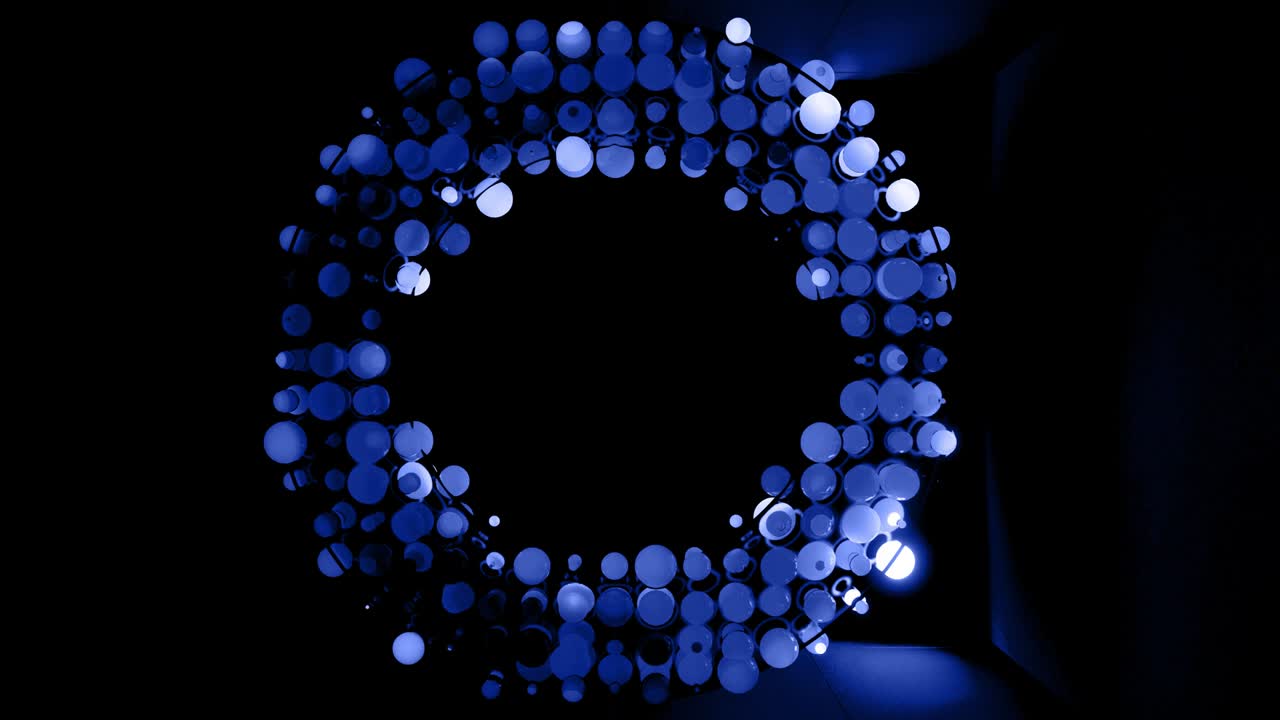 fondo 4k abstracto de esferas en tonos de azul. bolas como leds cuelgan en el aire y se encienden y se apagan. fondo elegante brillante
