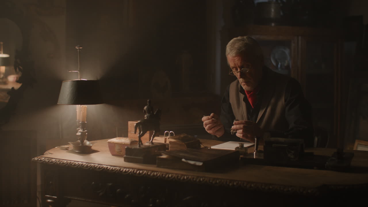 Older passionate man evaluates an old silver skull watch in his office at night