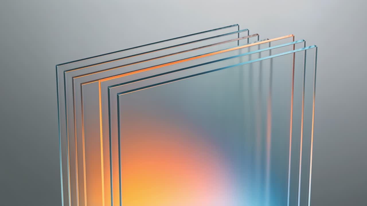Stacked transparent glass panels slide and align with shifting orange and blue light on gray backdrop
