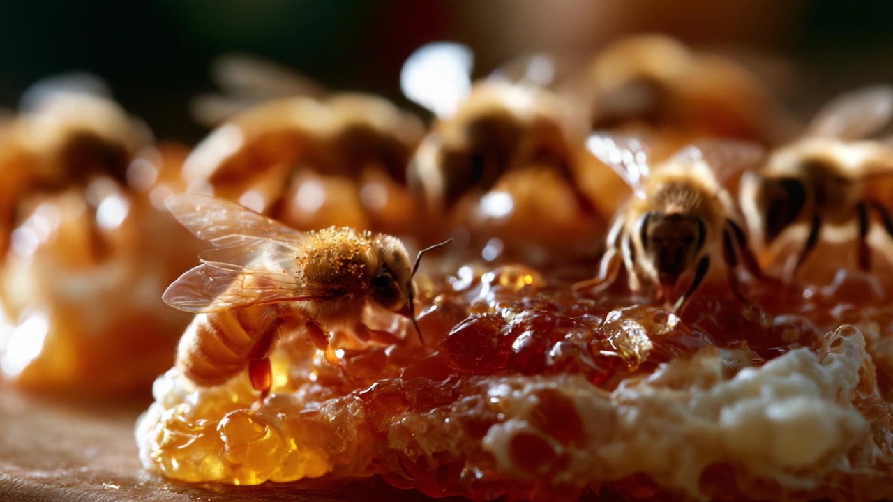 Uno Sguardo Ravvicinato ad Api Indaffarate Raccolte Intorno al Loro Dolce Favo, Catturando i Dettagli Intricati degli Impollinatori della Natura e il Loro Ruolo Vitale negli Ecosistemi