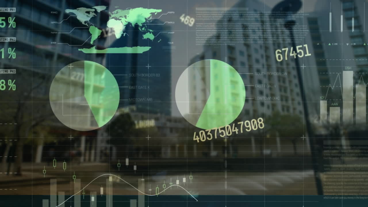 animación del procesamiento de datos financieros sobre el paisaje urbano