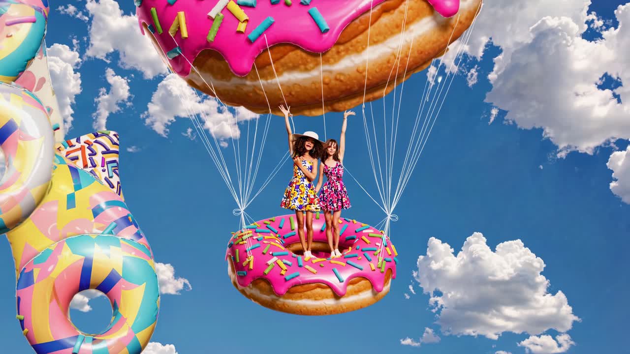 chicas volando en rosquillas gigantes