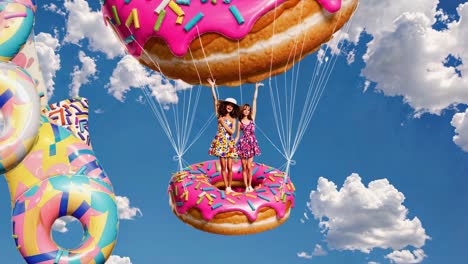 girls flying on giant donuts