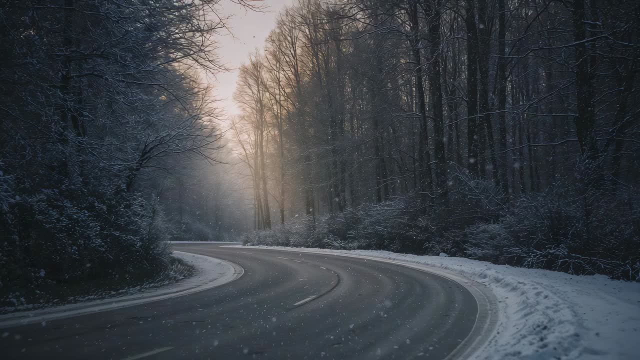 Winding paved road curving left through snowy forest at dawn, sun rising catching wet pavement