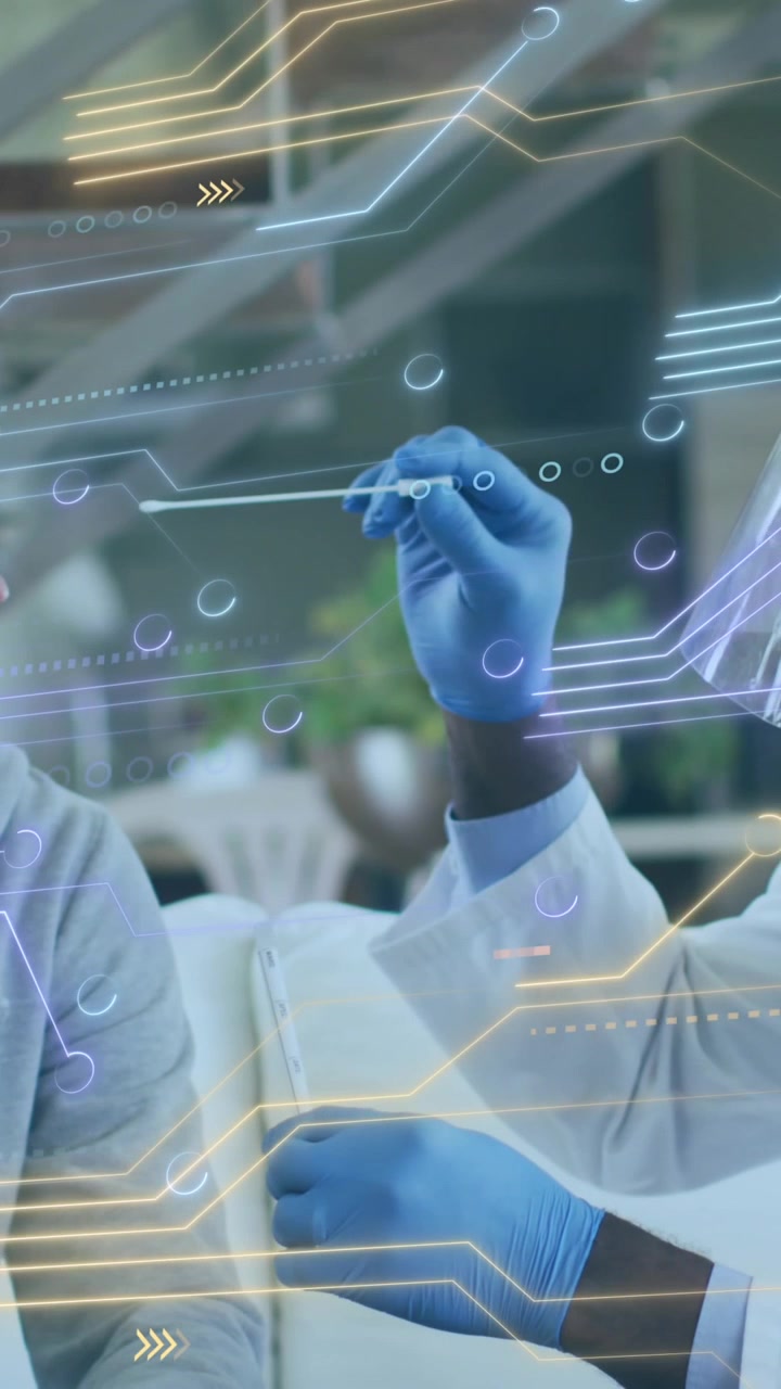 Animation of integrated circuit over african american doctor taking swab from patient
