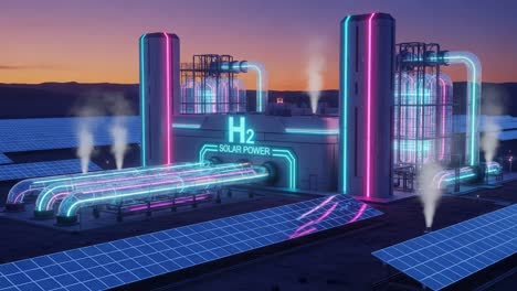 futuristic solar power facility with vibrant neon lights and innovative hydrogen production process showcasing renewable energy technology at dusk