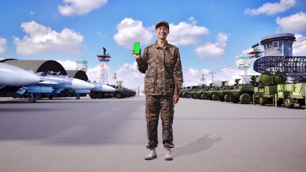 공군 기지 에서 녹색 화면 을 가진 스마트폰 을 보여 주는 군인 들