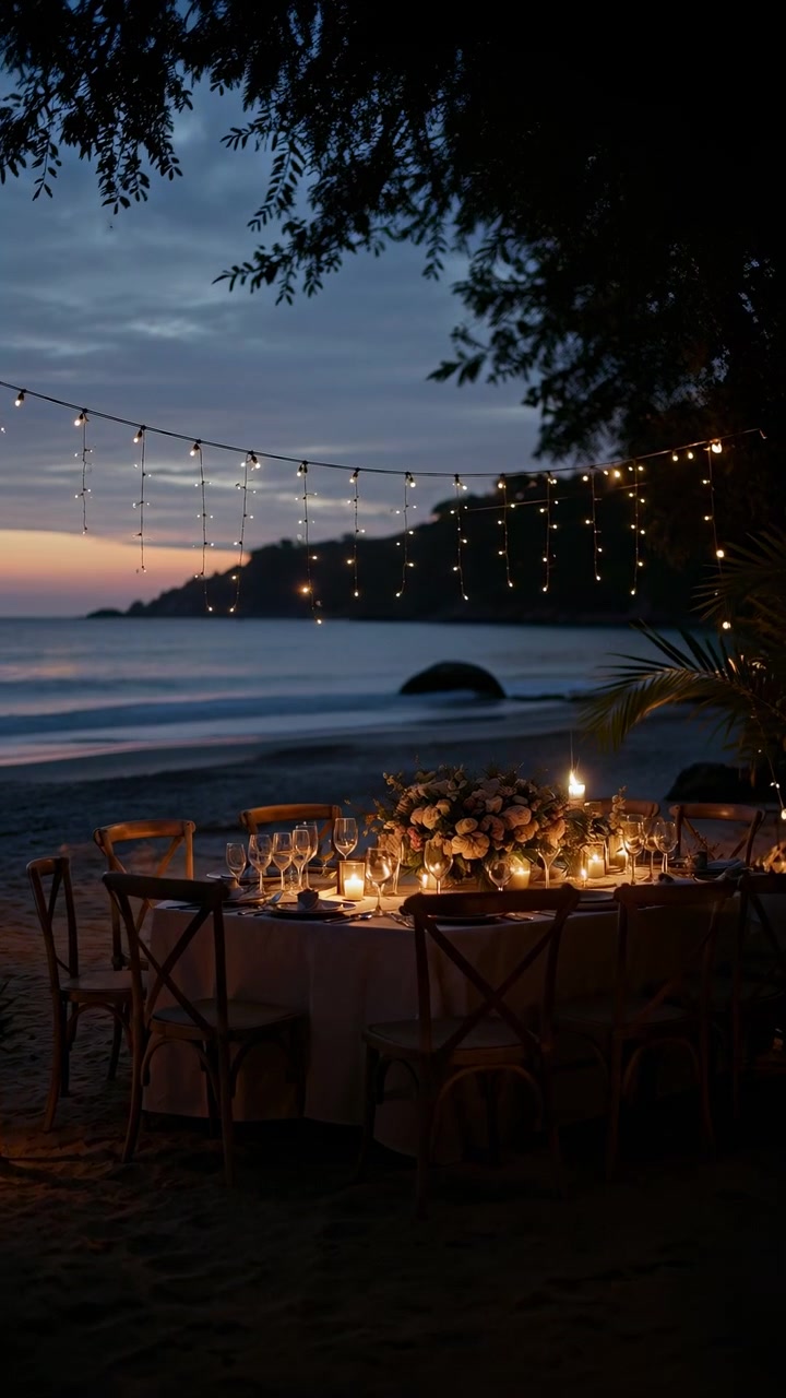 Cenário de jantar iluminado em praia de areia ao crepúsculo com mesa redonda, pratos, taças de vinho, lanternas de vela, arranjo floral central, ambiente acolhedor e horizonte calmo do oceano ao fundo, com jantar, praia, crepúsculo.