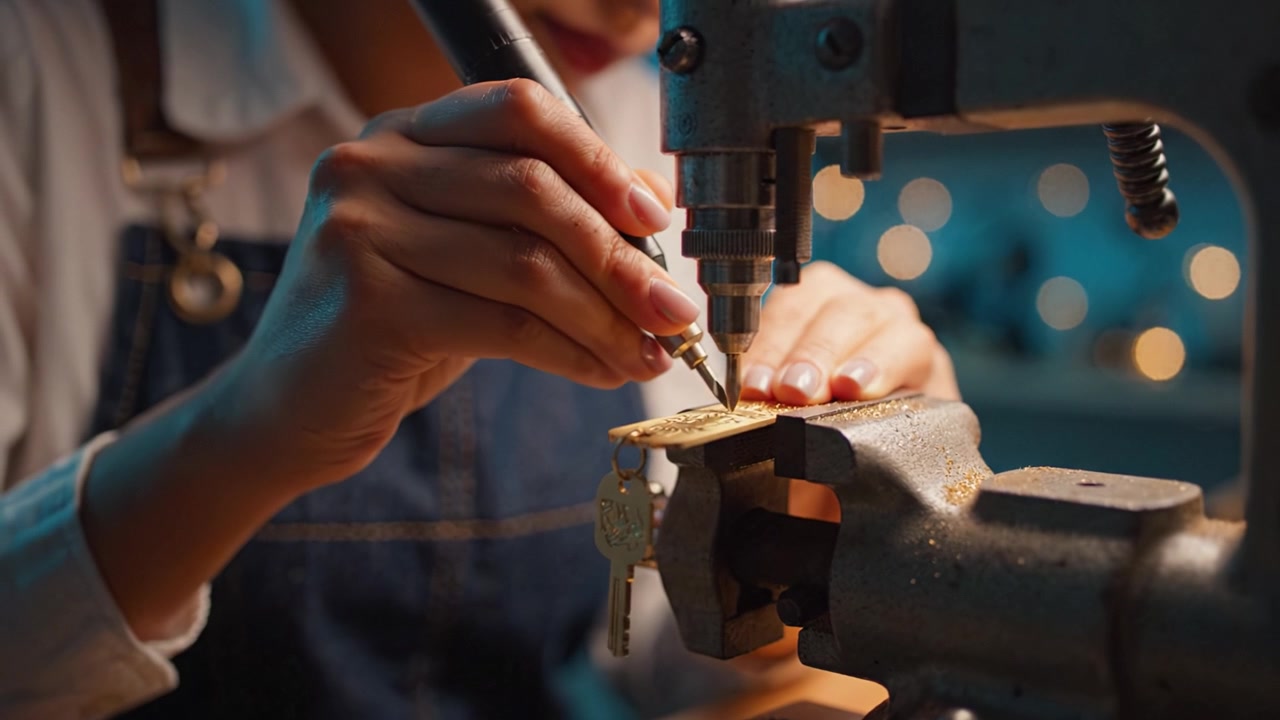 Detailed Crafting Process: A Skilled Artisan Engraving Metal Tags with Precision Using a Key-Cutting Machine in a Cozy Workshop Setting