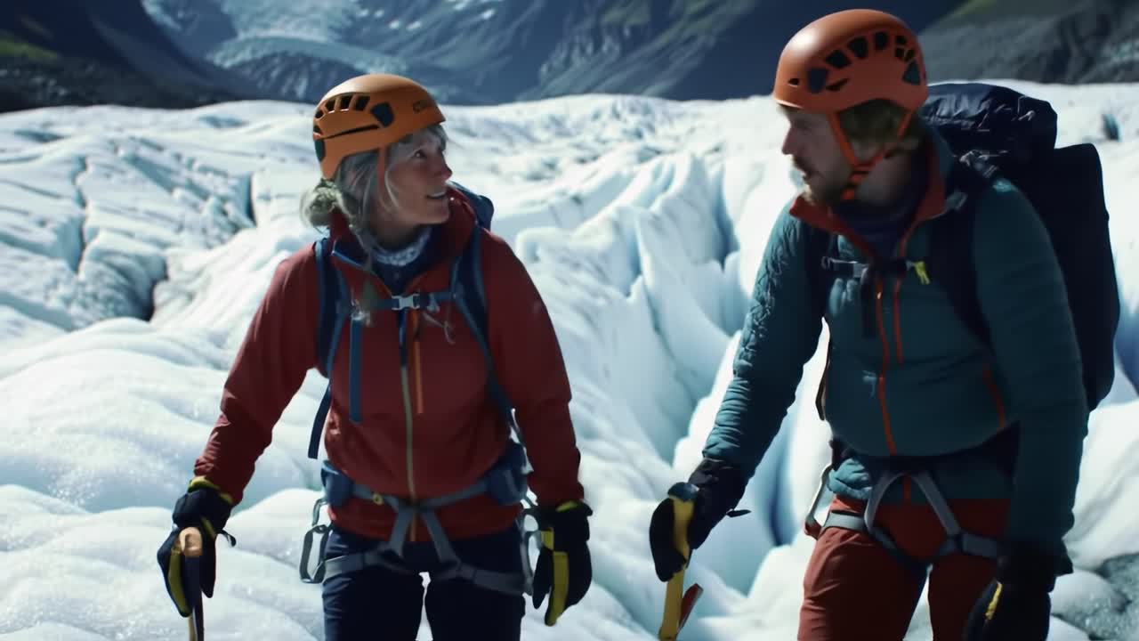 Two hikers equipped with climbing gear navigate a beautiful glacier under a clear sky. The breathtaking landscape features towering mountains and vibrant blue ice formations.