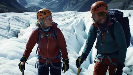 two hikers equipped with climbing gear navigate a beautiful glacier under a clear sky. the breathtaking landscape features towering mountains and vibrant blue ice formations.
