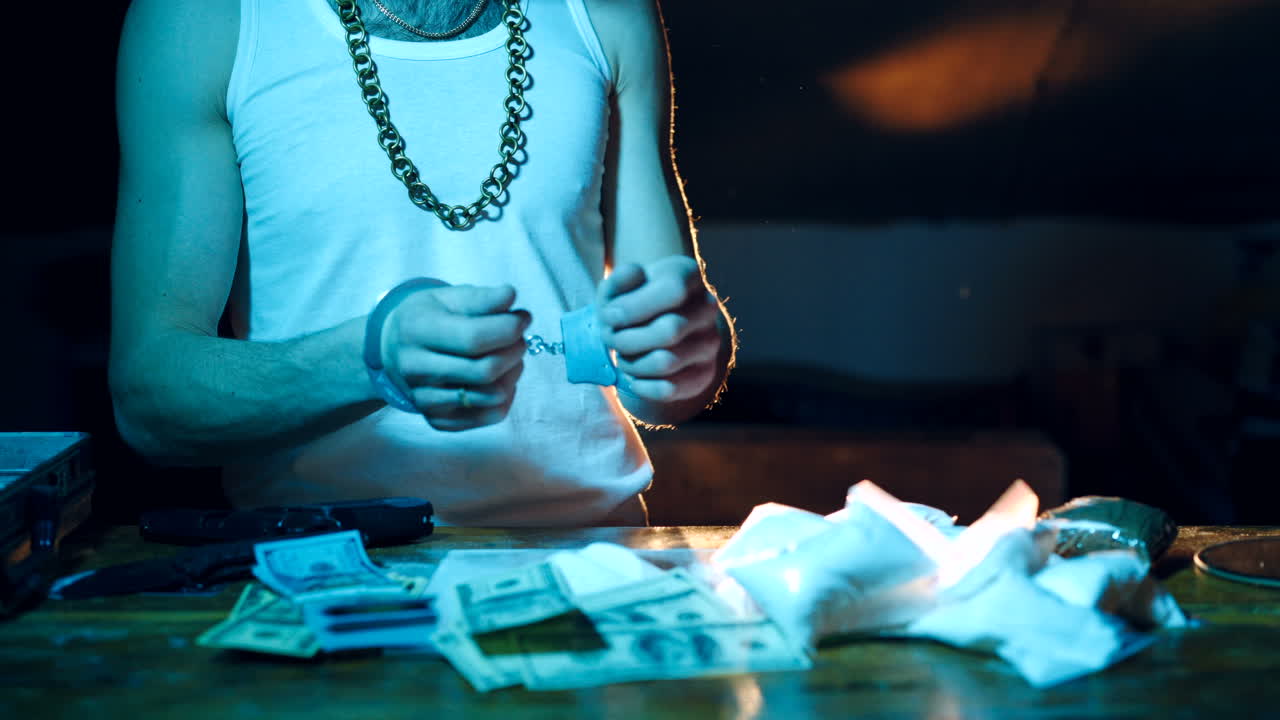 Man hands in handcuffs. Arrest of a drug dealer. Drug trafficking. Close-up.