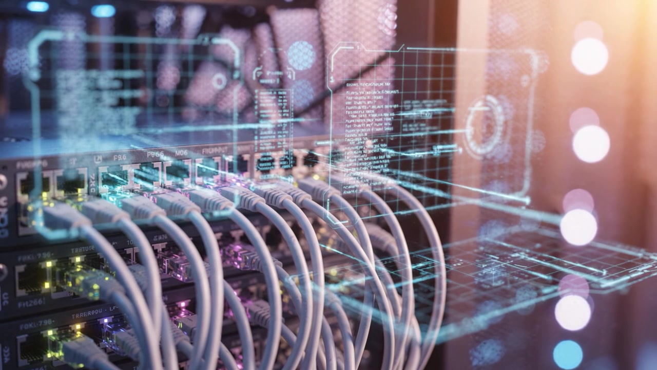 Exploring Network Infrastructure: Close-Up Views of Data Cables and Server Connections in a High-Tech Environment with a Futuristic Overlay Representation