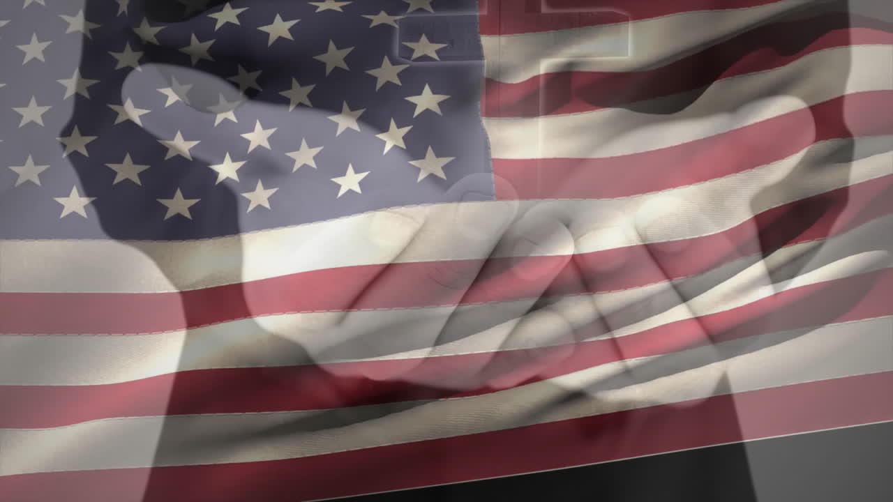 American flag overlaying handshake, symbolizing unity and partnership in animation