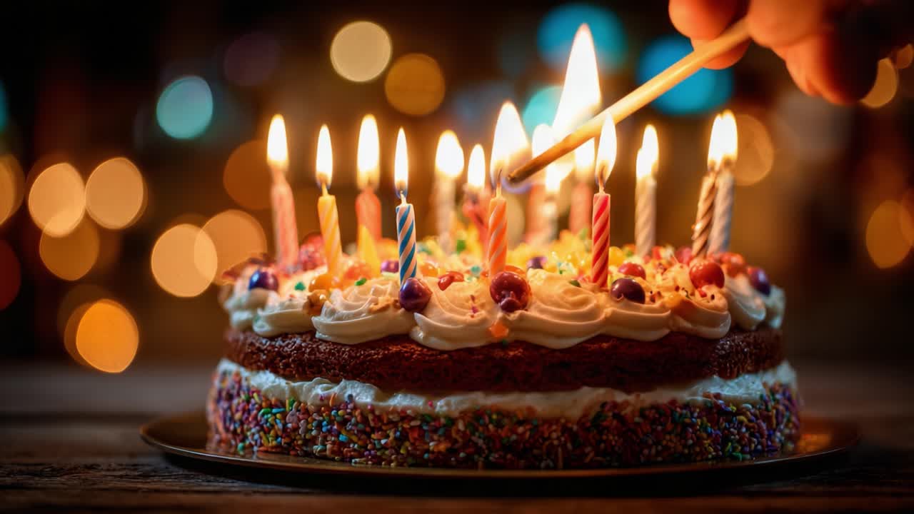 A Beautifully Decorated Birthday Cake with Vibrant Candles and Colorful Sprinkles Celebrating a Special Occasion in a Festive Atmosphere