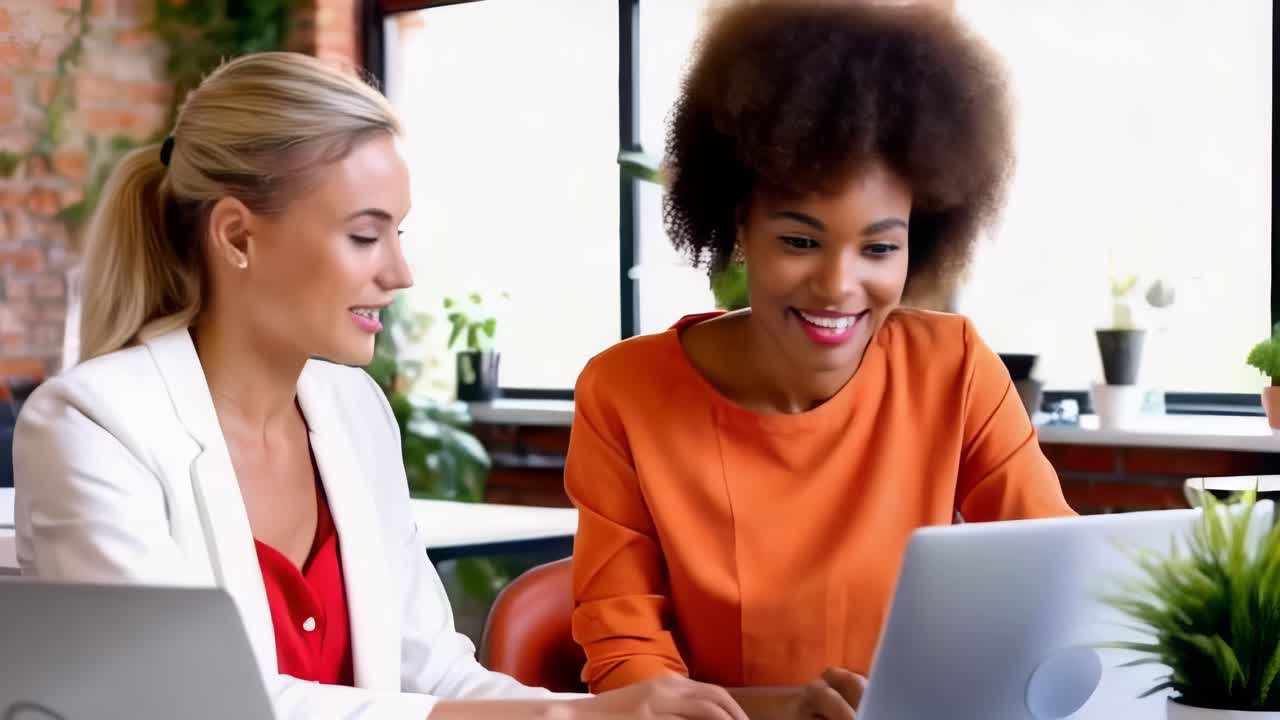 Two businesswomen with laptop at desk in open plan office collaborating on project together