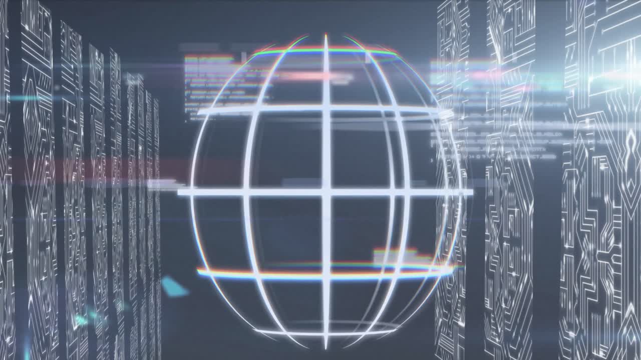 animación de datos, circuitos integrados y globo sobre fondo negro
