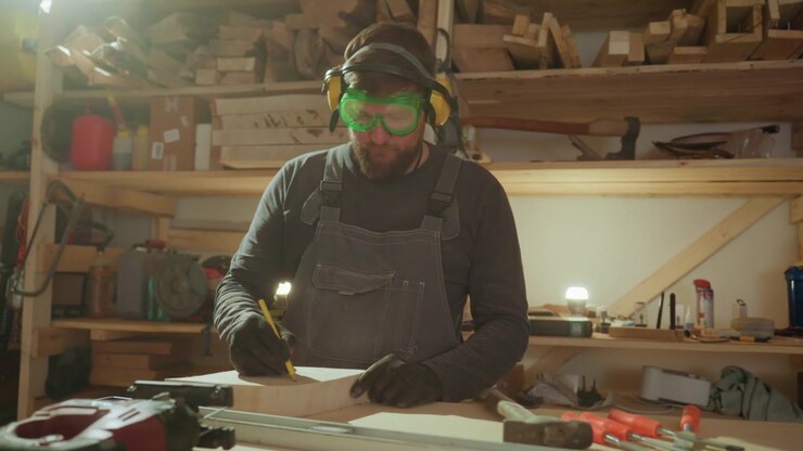 Skilled joiner carefully measures draws lines on wood blocks using hand tools. workshop is filled with various carpentry equipment like saws clamps and measuring instruments indicating