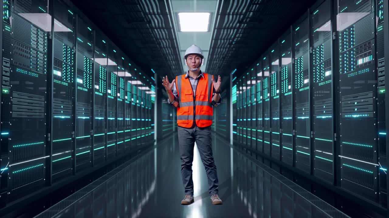 Full Body Of Asian Male Engineer With Safety Helmet Smiling To Camera And Saying Wow While Standing in Server Room Data Center